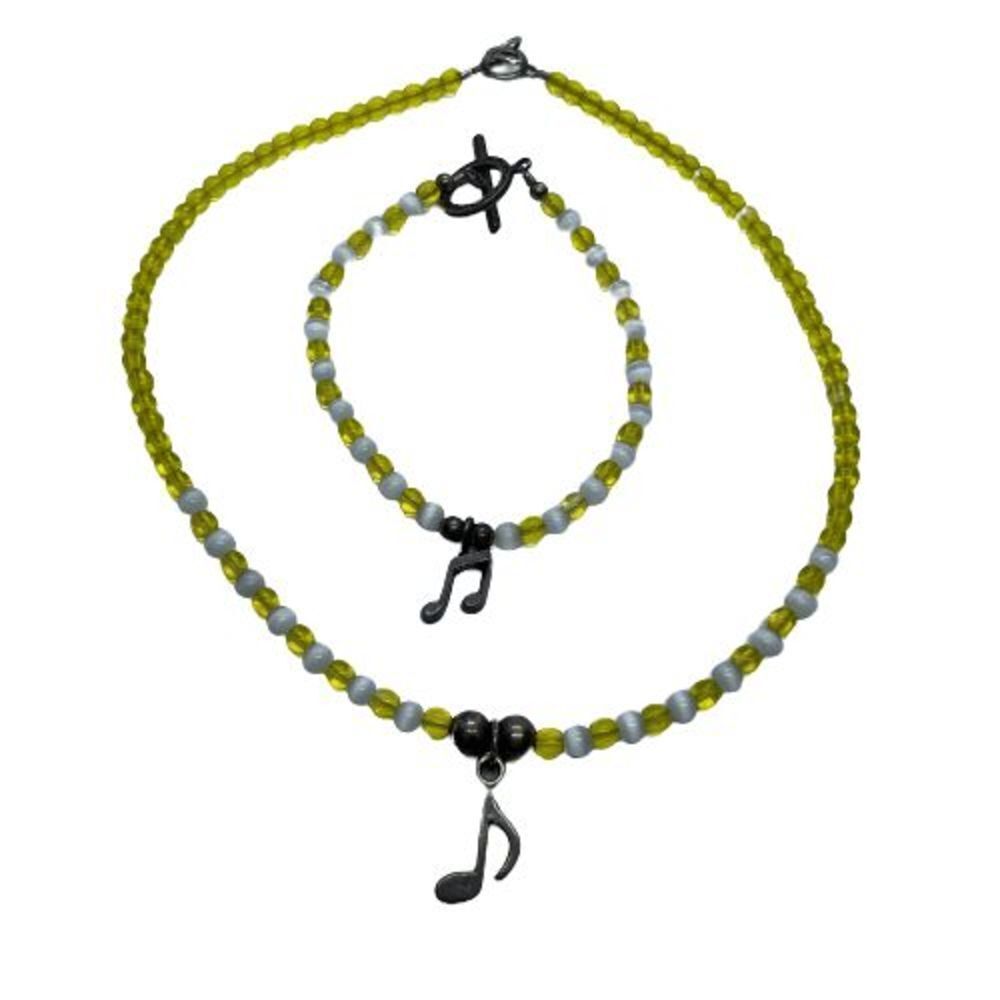 Music Lovers Sterling Silver Yellow Glass Bead 14" Necklace & 7.25" Bracelet Set